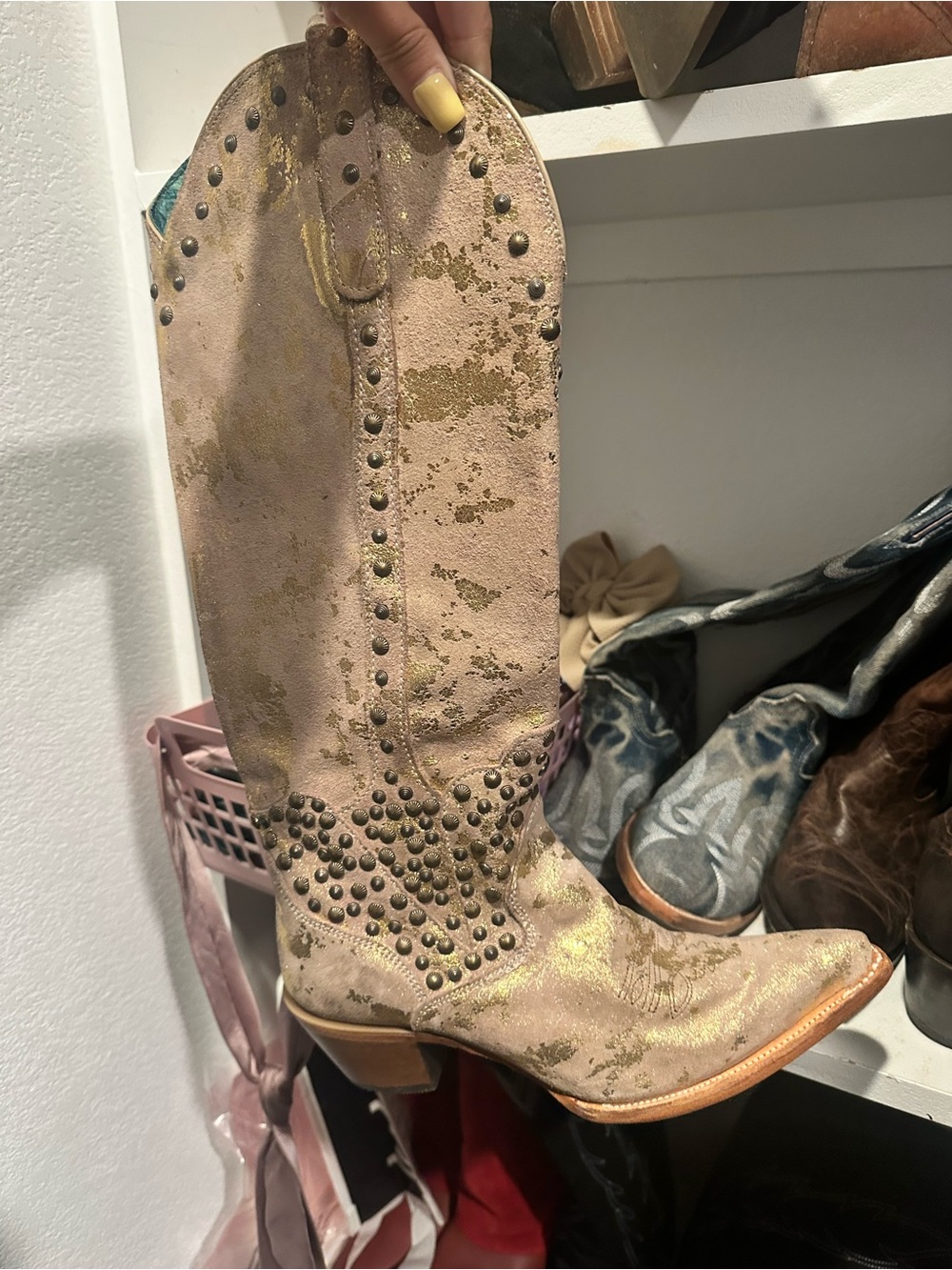 Corral Gold and Taupe Metallic Studded Knee-High Western Boots - Picture 2 of 4
